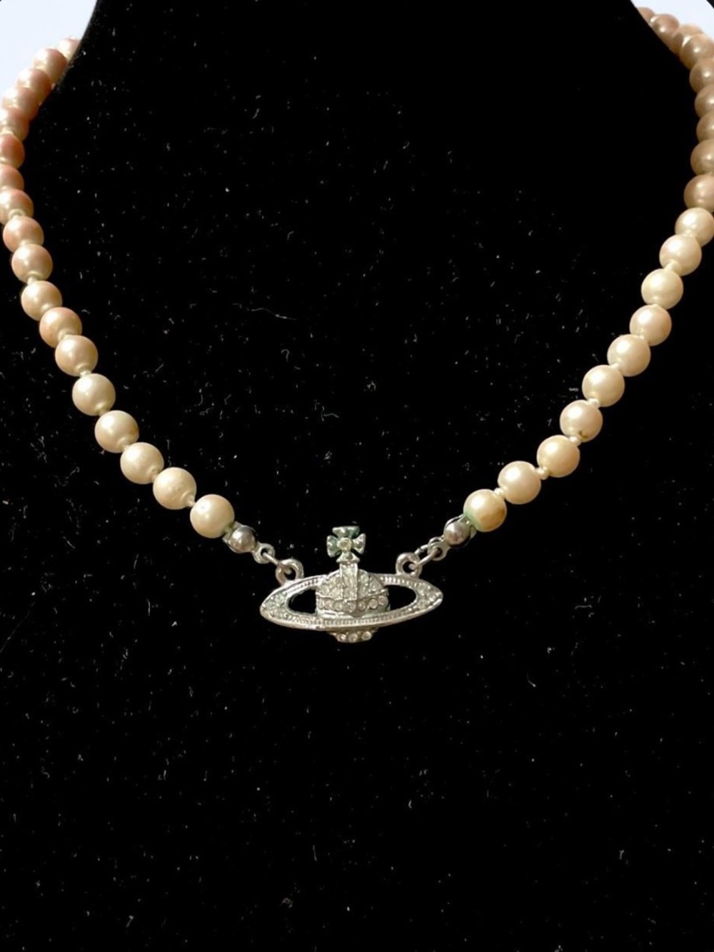 Authentic Vivienne Westwood Pink Pearl Orb Necklace with Silver-Tone Pendant